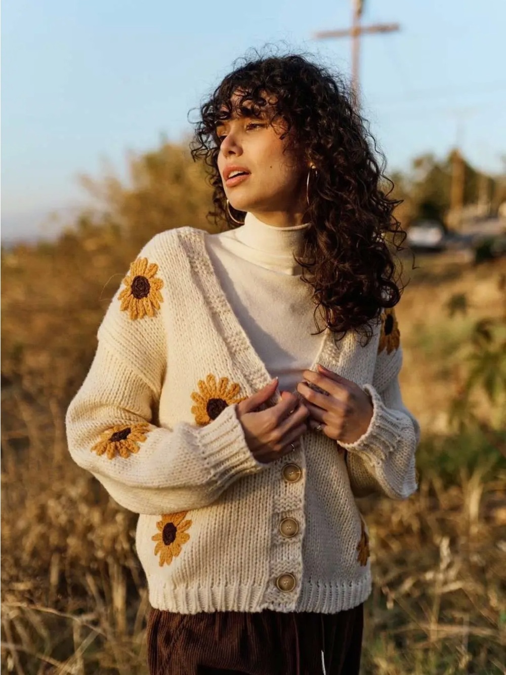 Embroidered Sunflower Cream Button-Up Cardigan